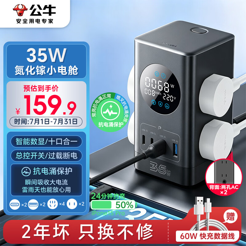 公牛（BULL）智能数显氮化镓总输出35W快充小电舱立式插座/桌面充电站USB防过载抗电涌插线板插排 2C2A+6孔总控