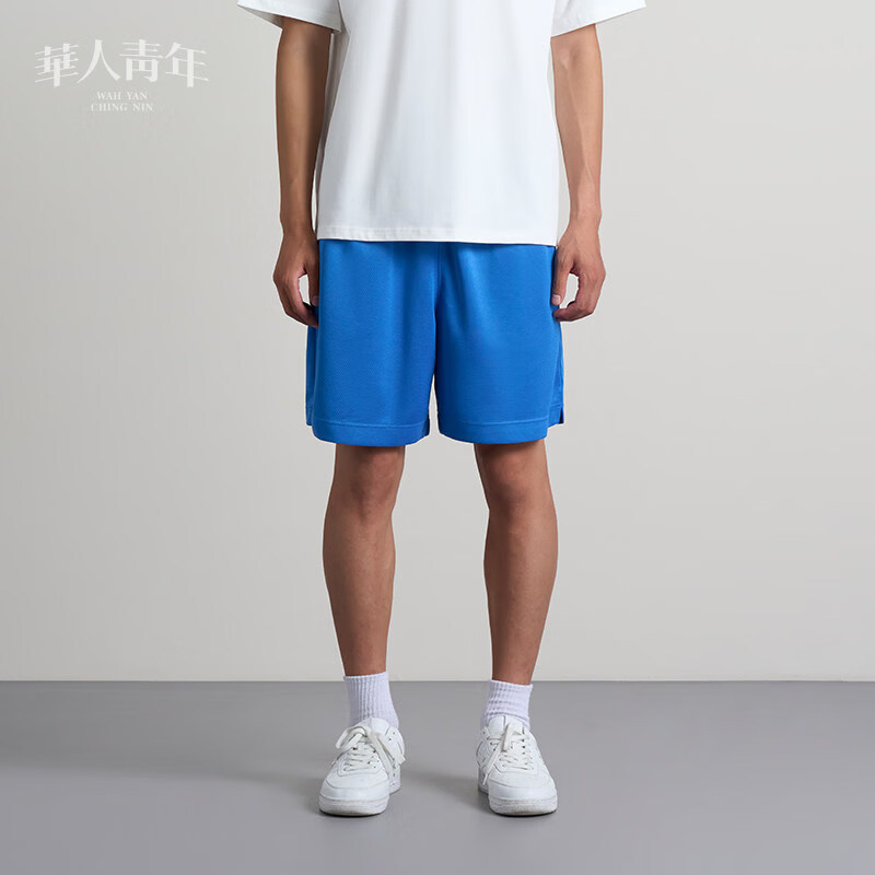 華人青年基础款小logo印花网眼透气短裤潮牌情侣宽松休闲运动裤 黑色 S