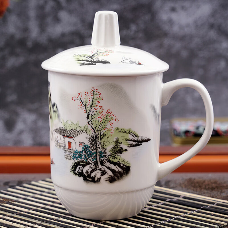 现货低骨瓷会议杯景德镇陶瓷带盖水杯办公杯商务茶杯家用茶楼用 1#报春 400ml