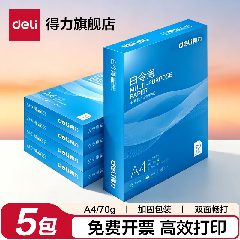 得力（deli）白令海a4打印纸双面打印A4复印纸70g整箱批发80g加厚500张一包打印用纸纯木浆5包装办公用复印纸  【热销款】 白令海 70g 5包/箱 2500张