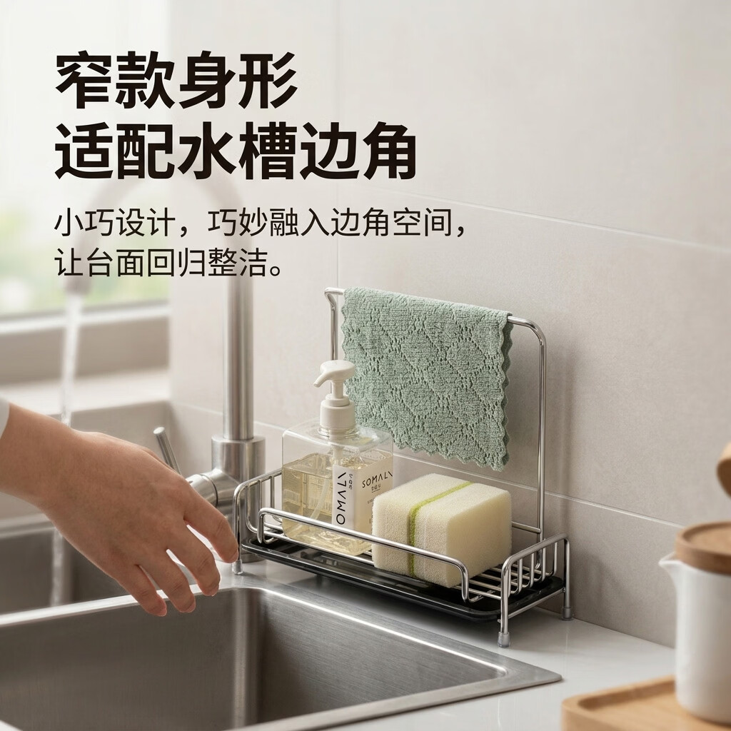 护家厨房抹布沥水架海绵台面置物架水槽边不锈钢窄面洗碗百洁布收纳架 百洁布沥水架+抹布杆【加厚不锈钢】