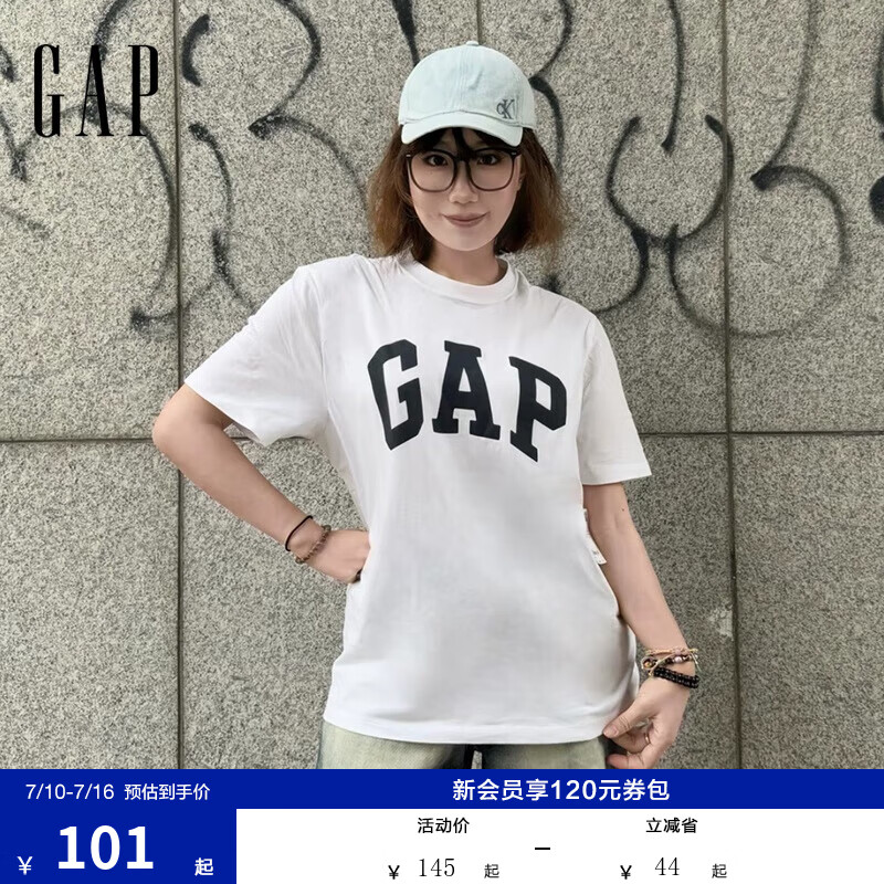 GAP男女装纯棉印花logo圆领修身短袖T恤美版856659 白色 L 美码 XL亚洲码185/104A 【偏小，建议选大一码】