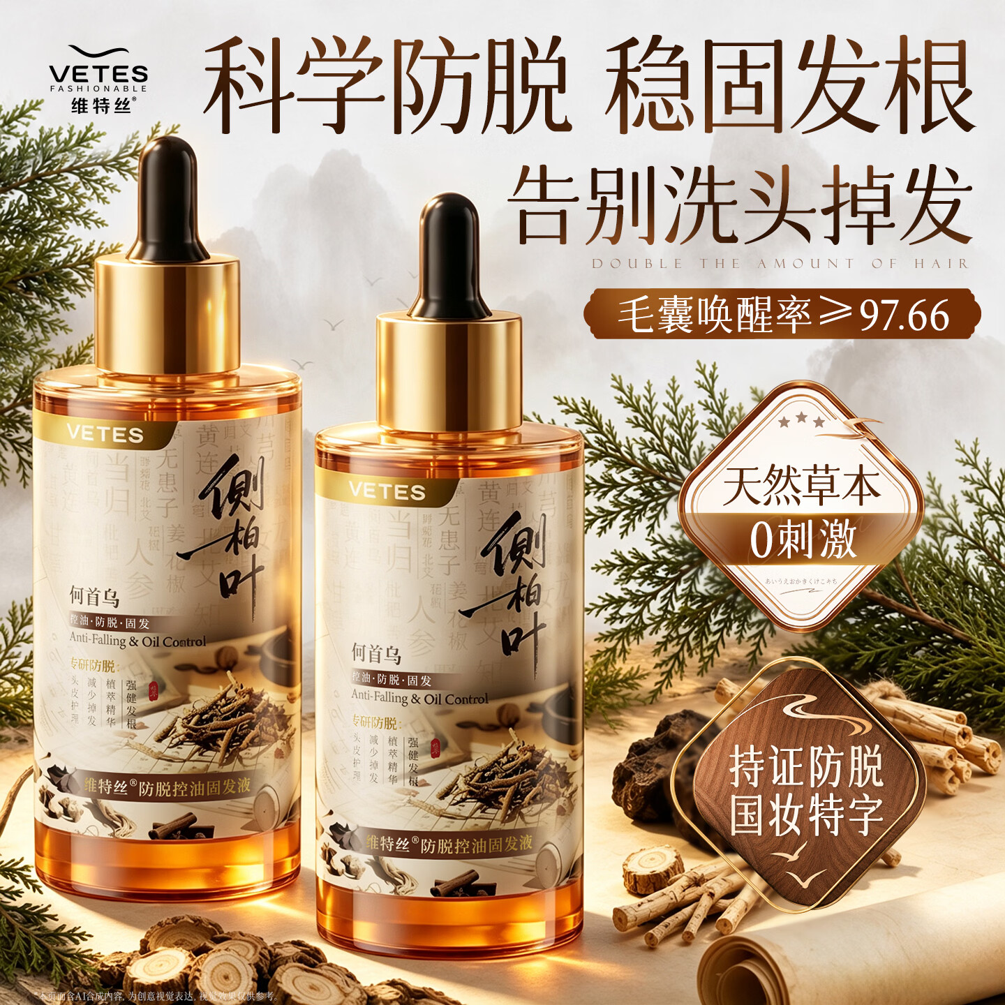 维特丝育生姜固发液激活毛囊增发密发男女头皮精华侧柏叶防脱长发营养剂