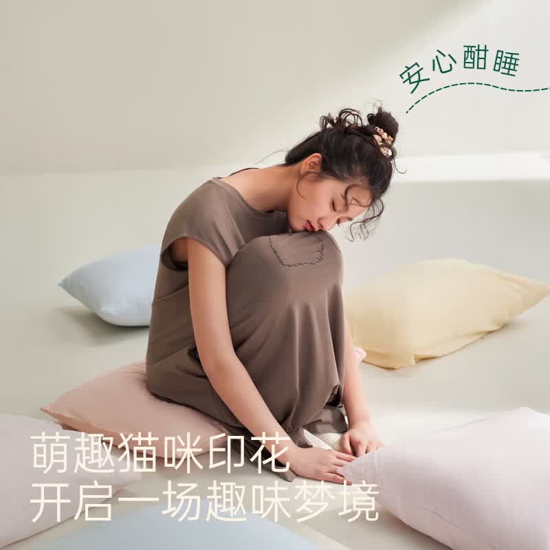 安之伴【巨凉感】宽松睡裙女夏季纯棉可爱印花可外穿家居服睡衣 橡子褐【超舒适-柔软好眠】 L