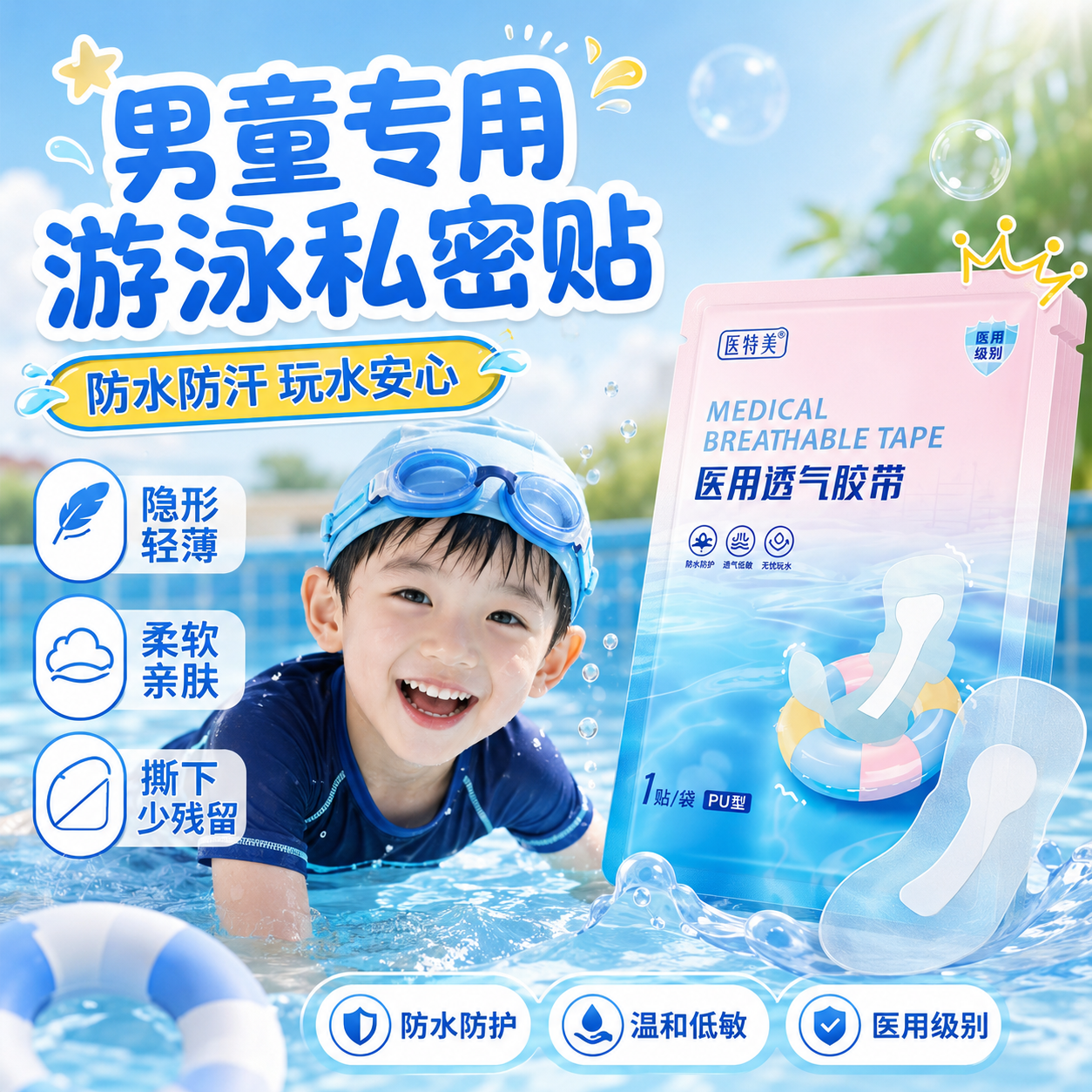 医续美医用游泳私密贴防止感染神器男童男士私密防水贴儿童男女大码夏Q1 S码【100斤以内】10cmx25cm 3袋【第3件0元】游泳、漂流、水上乐园