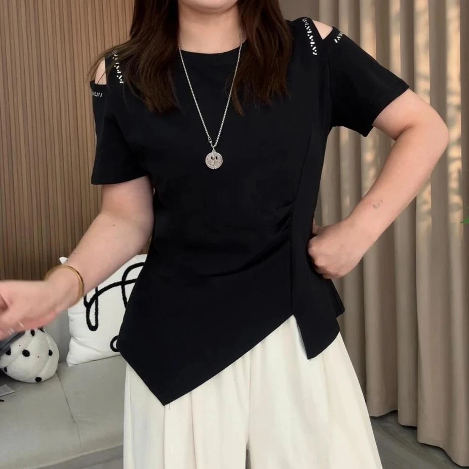 【新款】夏季胖mm大码露肩短袖正肩T恤新款收腰显瘦遮肉上衣 黑色 2XL 121-130斤