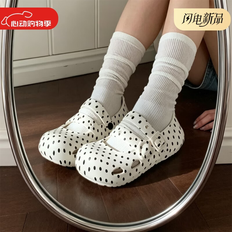 细细条（XIXITIAO）可爱波点双带玛丽珍凉拖女夏季外穿微足弓防滑圆头洞洞鞋 奶白色双带波点【休闲防滑】 36-37 【标准码】