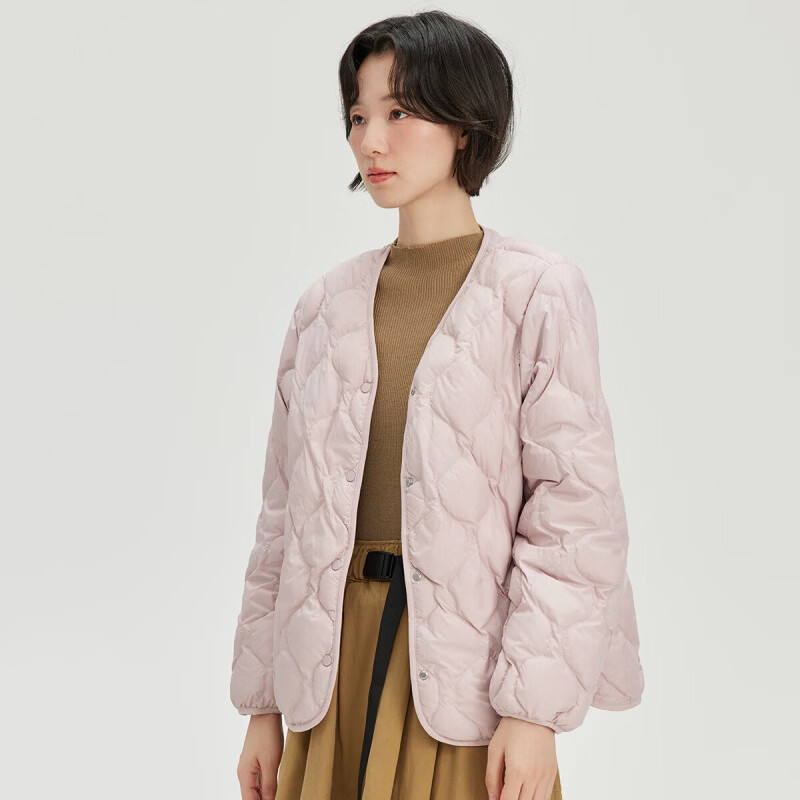雪中飞秋冬轻薄款美拉德羽绒服女V领简约短款防寒时尚潮流百搭鸭绒外套 杏仁米 L (165)