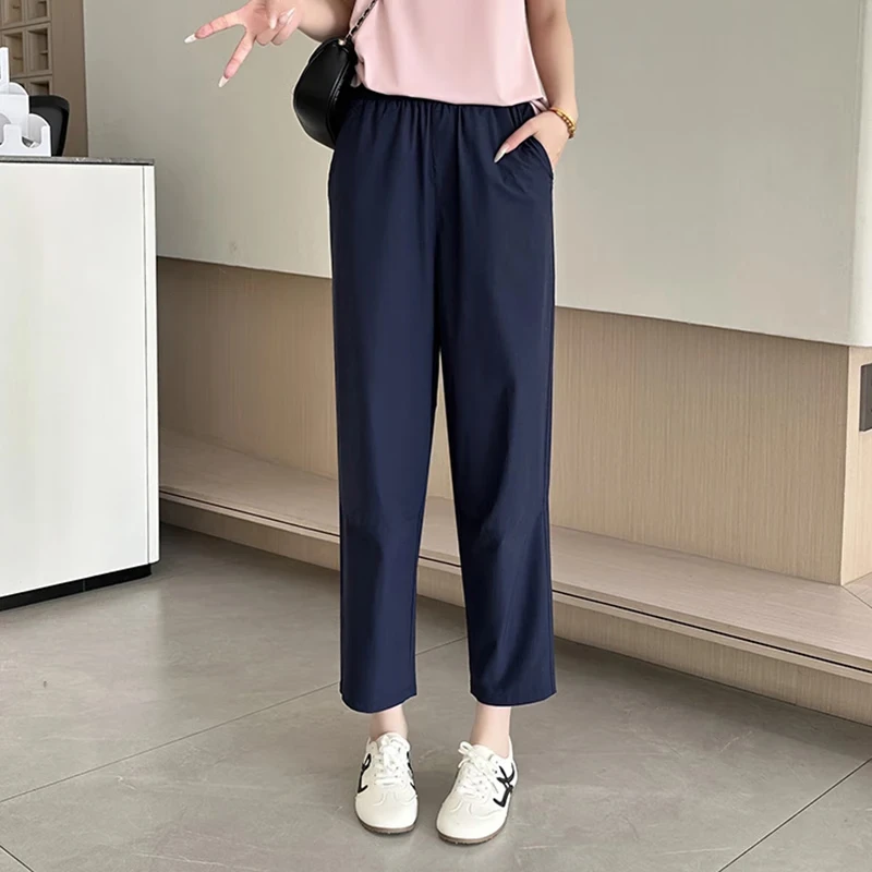夏季凉感冰丝速干运动裤女休闲裤宽松小个子穿搭哈伦裤大码裤 藏青色 L 【建议120-140斤】