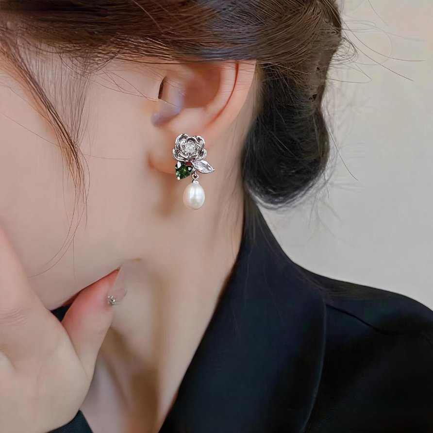 KRISTEN JUDI花朵耳夹无耳洞女蚊香盘耳饰淡水滴珍珠长款流苏耳环绿锆耳钉耳坠 有耳洞拍-银针耳针款