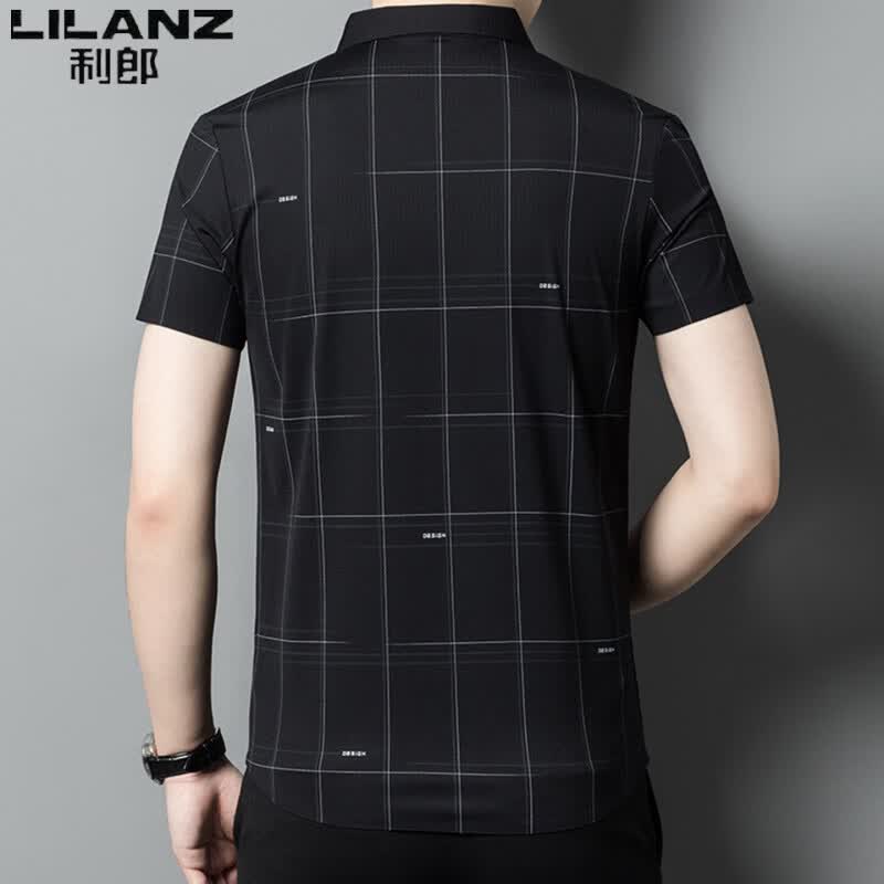 利郎（LILANZ）无痕冰丝短袖衬衫男士中年夏季新款商务休闲格子衬衣无痕垂感 黑色 4XL 190体重180-200斤