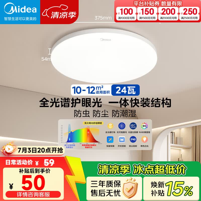 美的（Midea）LED照明吸顶灯卧室灯超薄三防灯具阳台灯厨房餐厅护眼全光谱24瓦