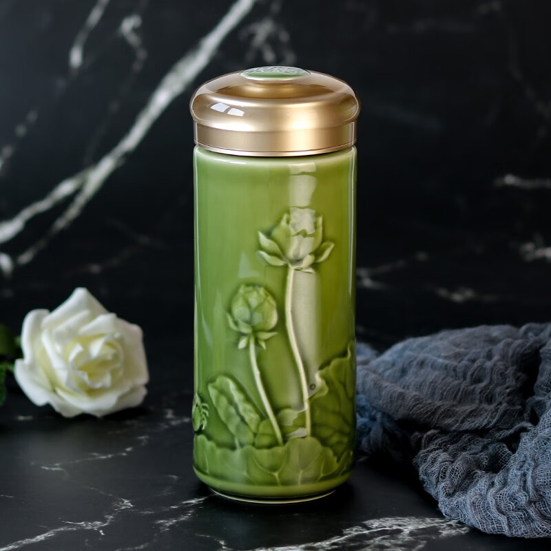 乾唐轩【官方授权】活瓷杯正品 和谐随身杯双层陶瓷水杯茶杯送人礼品 耀州绿（礼盒包装带杯刷杯套）