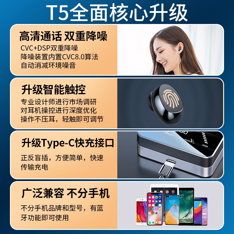 MC T5真无线蓝牙耳机降噪双耳入耳式运动跑步迷你隐形游戏通用于华为苹果vivo小米oppo荣耀手机 尊贵黑（智能数显/高清镜面/9D音效）