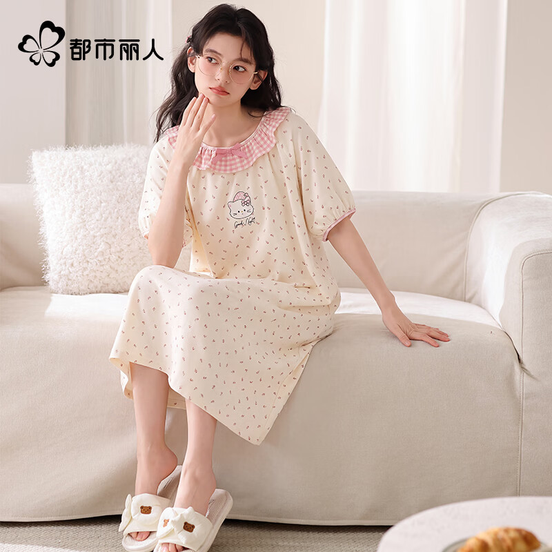 都市丽人女士睡衣圆领带花边夏季纯棉睡裙柔软无感透气深睡可外穿家居服 蝴蝶结花边小猫 M 建议【80-100斤】