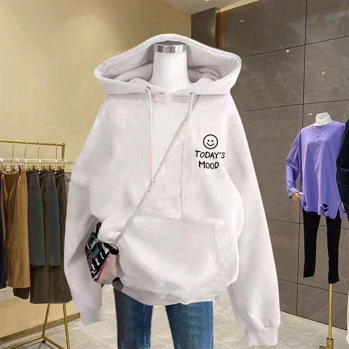 贝吉棋加绒棉的连帽卫衣女装宽松mood笑脸大码上衣印花帽衫长袖男女外