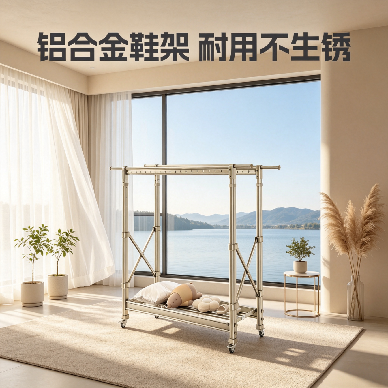 宾太晾衣架落地折叠阳台挂衣架铝合金落地架衣服架子 【香槟灰】1.5米-2.5米+双升降+铝合金鞋架+万向轮