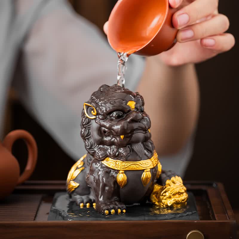 紫砂醒狮茶宠摆件精品可养招财一对狮子茶玩茶桌茶台博古架装饰品 招财醒狮(雄款)描金 无规格