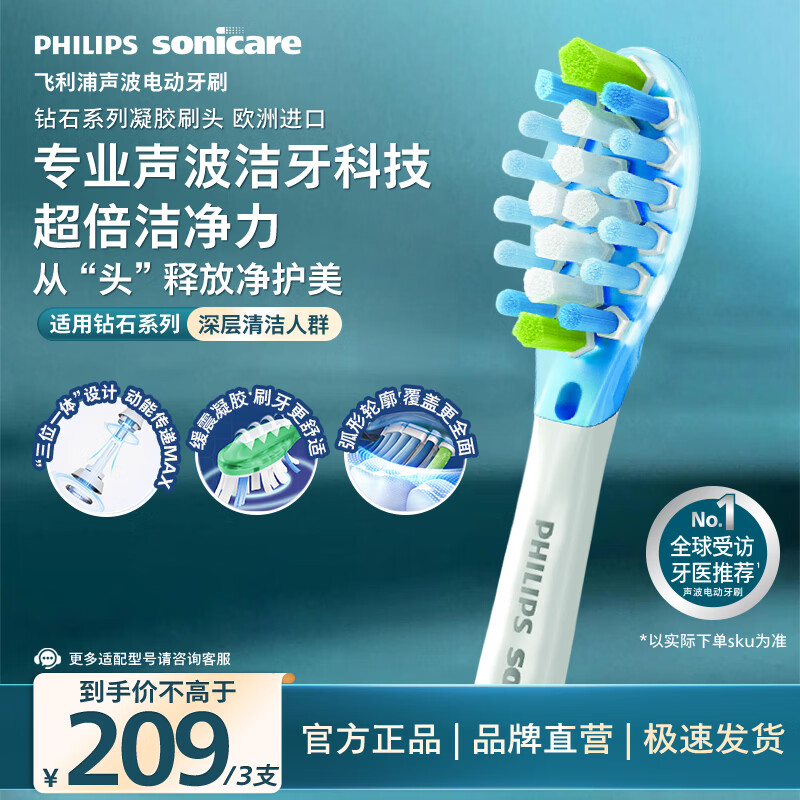 飞利浦（PHILIPS）电动牙刷头C3洁净型官方原装欧洲进口适配钻石7/7pro/9/9pro/AI系列刷柄  3支装HX9043/67 白色