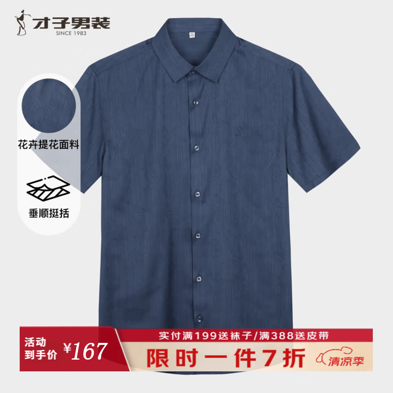才子（TRIES）商务休闲花卉刺绣衬衫男提花暗纹时尚衬衣精致不浮夸百搭有品位 灰蓝色 M (165/84A)
