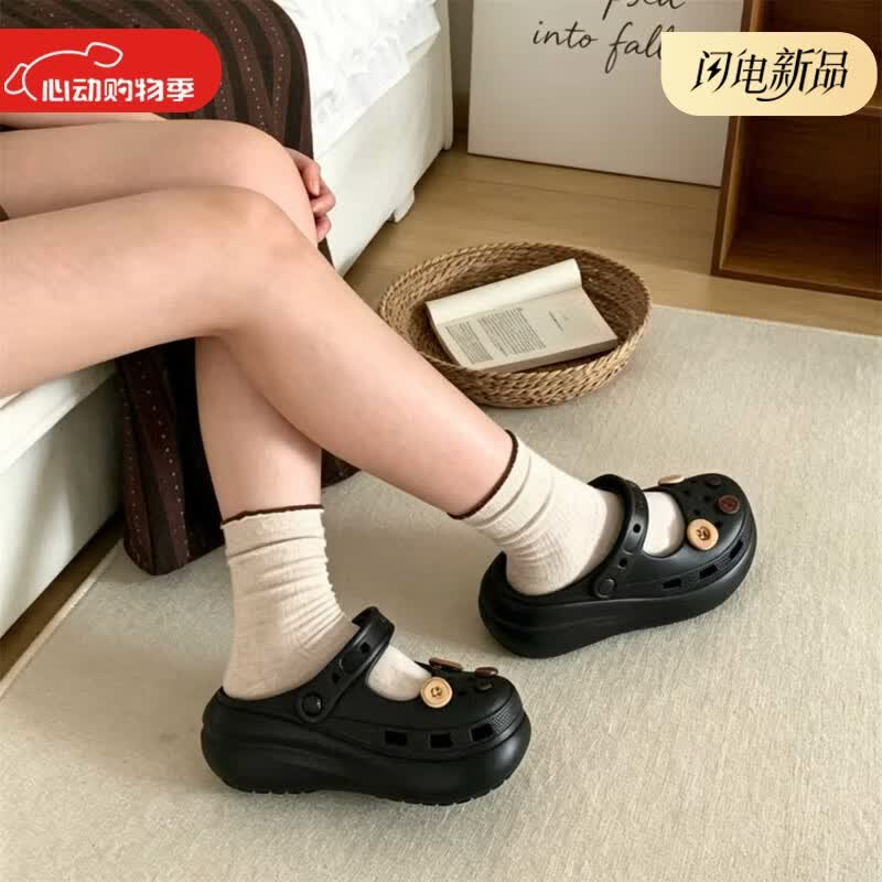 细细条（XIXITIAO）休闲女夏沙滩两穿厚底玛丽珍个性纽扣森系复古足弓支撑防滑洞洞鞋 浅棕色复古纽扣【足弓厚底】 35-36 【适合36-37的脚】