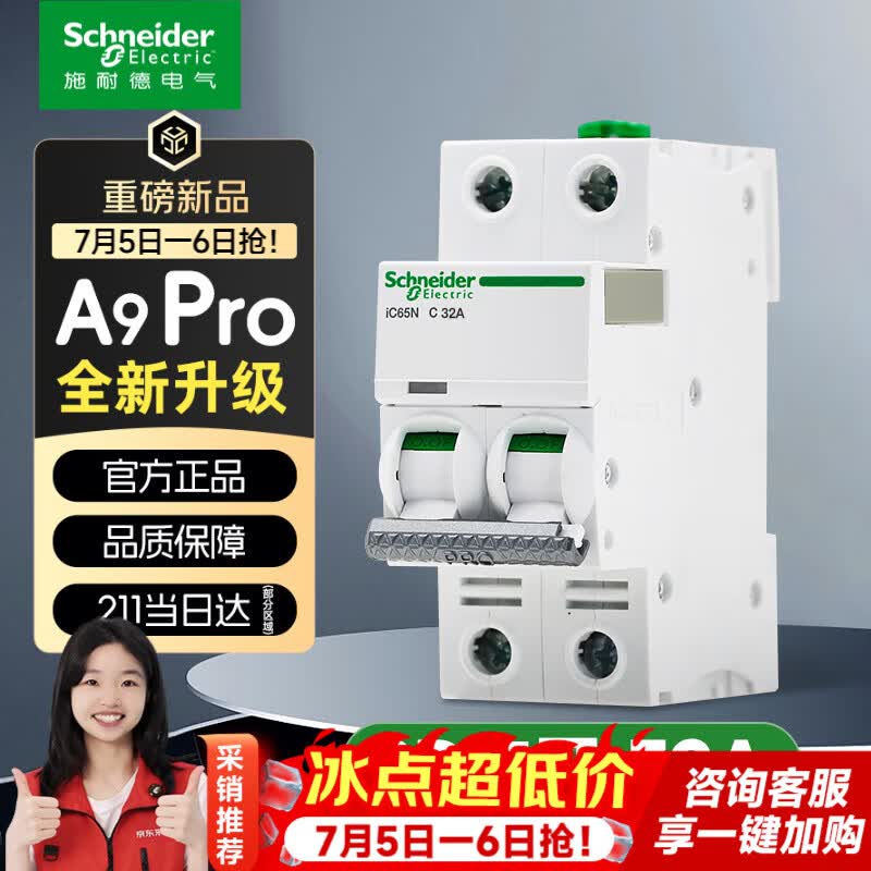 施耐德空气开关 家用微型断路器 双进双出双极 A9pro升级款2P 32A空开