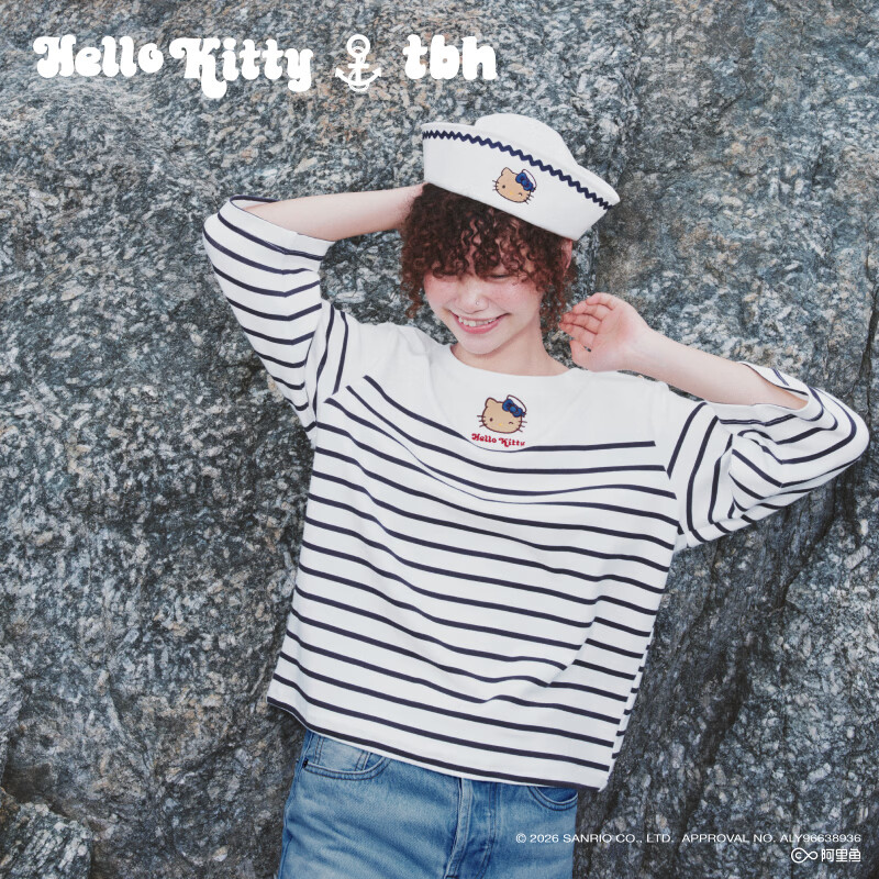 野兽派家居Hello Kitty弹力针织家居服套装四季可外穿情侣睡衣女七夕礼物 Hello Kitty船领海魂衫短款套装 S