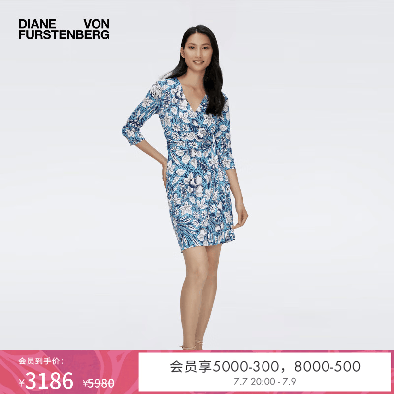 Diane von Furstenberg[100%真丝]DVF度假V领七分袖印花裹身连衣裙DW1S019 梦幻蓝天堂鸟图案 XS