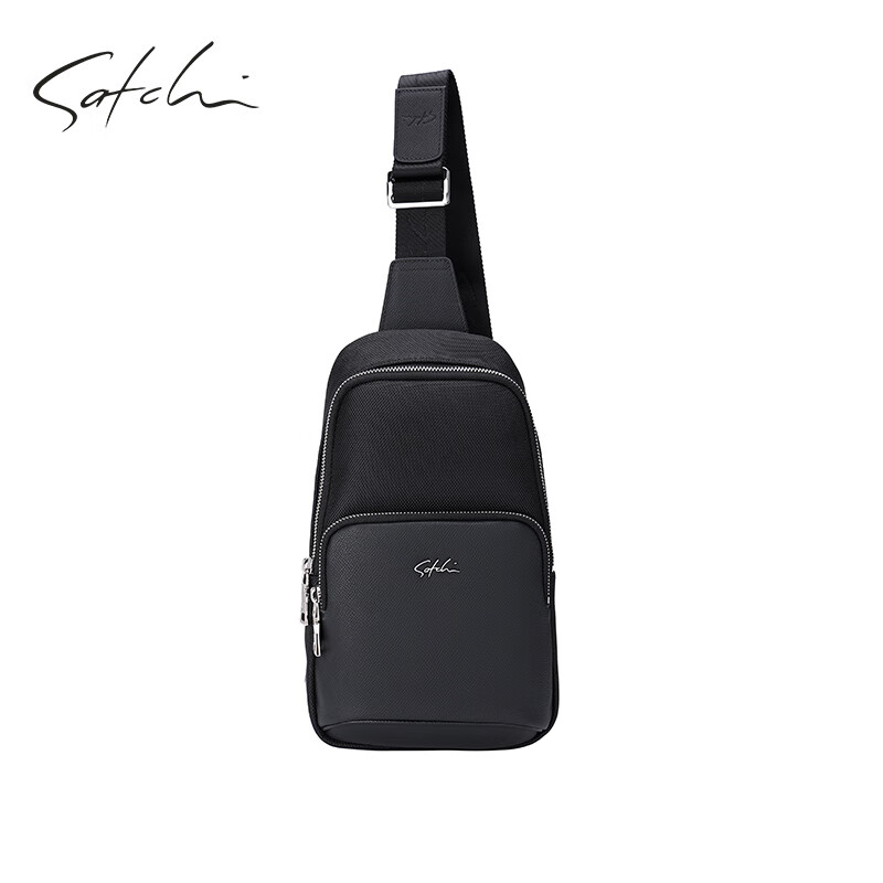 satchi沙驰男包简约休闲男士斜挎包时尚胸包 黑色