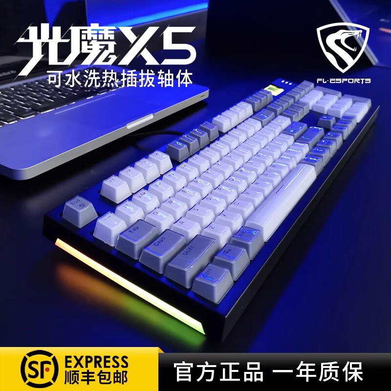 腹灵 光魔X5机械键盘光轴青轴红轴防水可插拔有线电脑电竞网吧游戏办公专用 光魔X5黑面灰白键白光 青轴