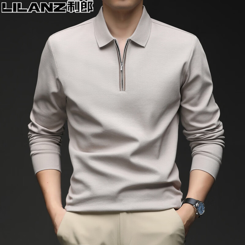 利郎(LILANZ)男装长袖T恤2026春秋新款中青年半拉炼丝光棉纯色翻领polo衫 藏青色 4XL 195