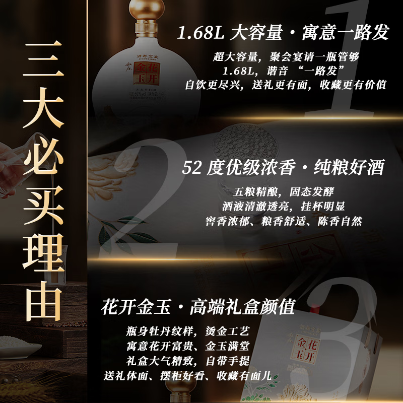 叙府花开金玉 五粮浓香型白酒 商务宴请 过节送礼礼盒酒 送父亲送长辈 52度 1680mL 1坛 礼盒装