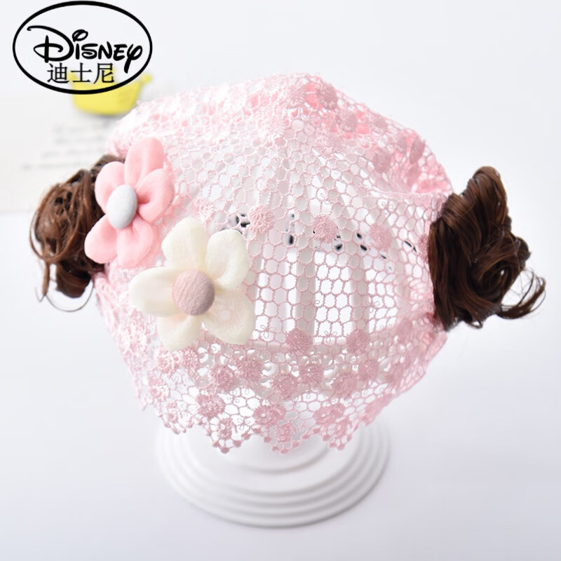 迪士尼（Disney）嬰兒發(fā)帶夏季薄款護(hù)囟門帽女寶寶公主可愛嬰幼兒韓版新生兒頭飾潮 粉色(蕾絲雙花假發(fā)發(fā)帶) 3-18個(gè)月(42-46CM) x 均碼(彈性