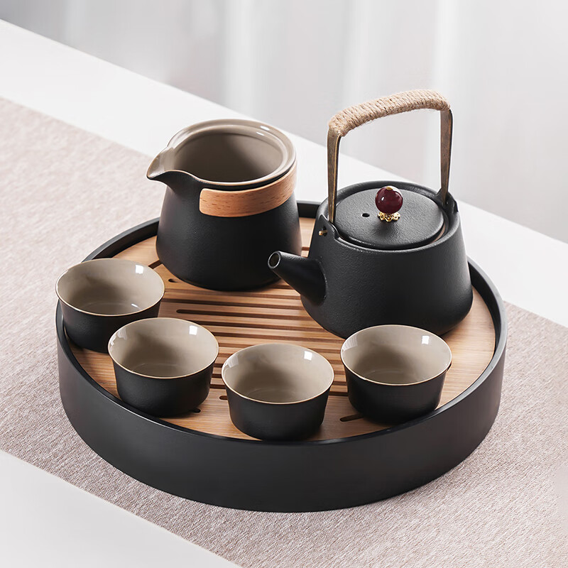 雅空茶具套装家用轻奢个人功夫泡茶壶喝茶杯日式简易小型茶盘 黑陶忆