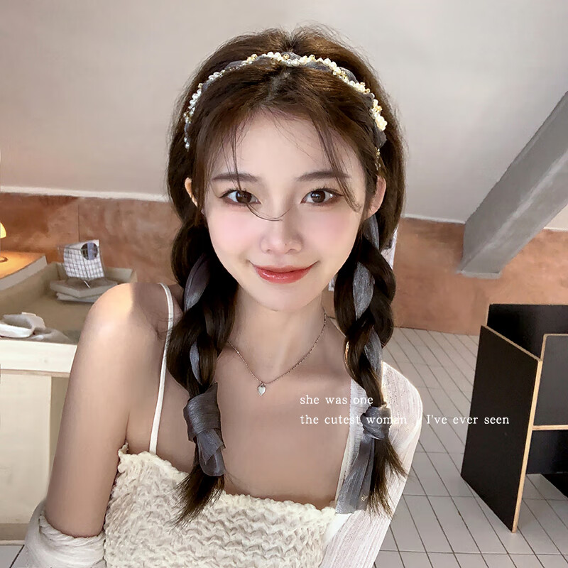 清晨的星星珍珠头箍飘带一体复古链条发箍女款编头发丝带发捆头饰高