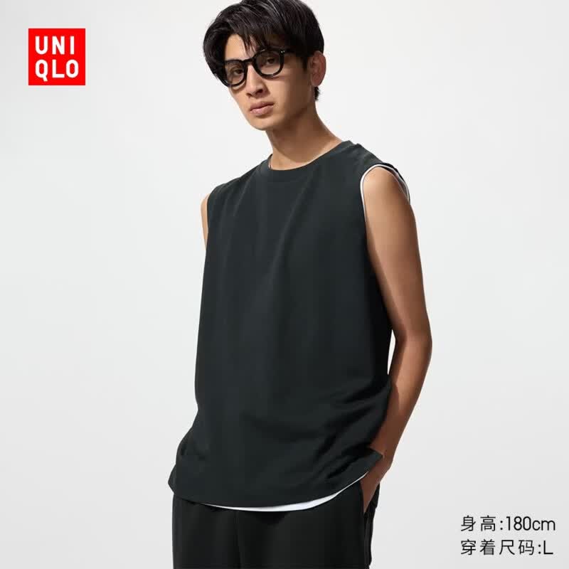 优衣库AIRism棉混纺无袖T恤男装女装背心482760 475363 482760/09黑色 M