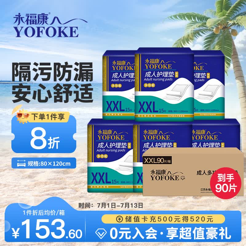 永福康成人护理垫XXL90片 尺寸80*120cm婴儿孕产妇床垫老人一次性隔尿垫