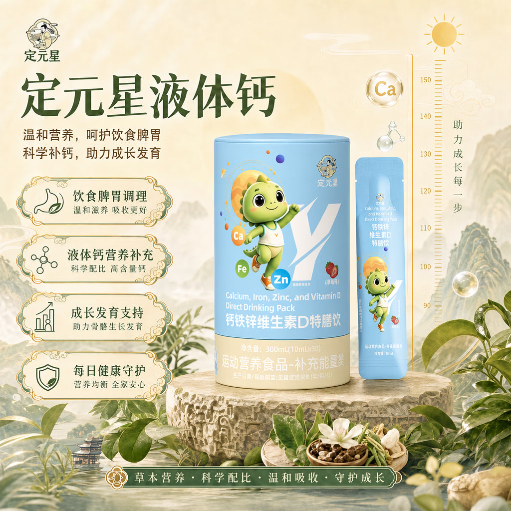 定元星钙液体钙6-18岁 高钙维生素d3柠檬酸钙补钙青少年1桶 买五送三【赶超同龄倍速成长】 30条*8桶