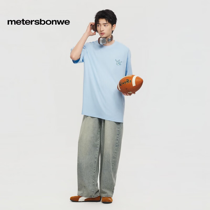 美特斯邦威(Meters Bonwe)男女后背趣味图案短袖恤t恤夏季新款纯棉休闲上衣 浅蓝 L 175/96A