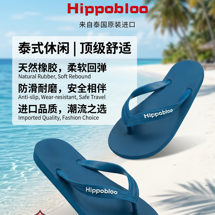 hippobloo泰国进口河马乳胶人字拖日系风轻便防滑橡胶凉拖夹脚拖鞋男女通款 椰奶蓝 42 (泰11)