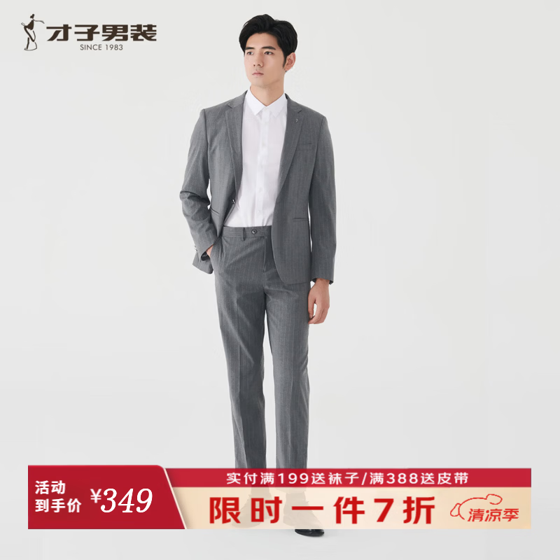 才子（TRIES）男士商务通勤平驳领套西结婚上班通勤面试职业正装西服套装 灰色 46 (165/84Y)