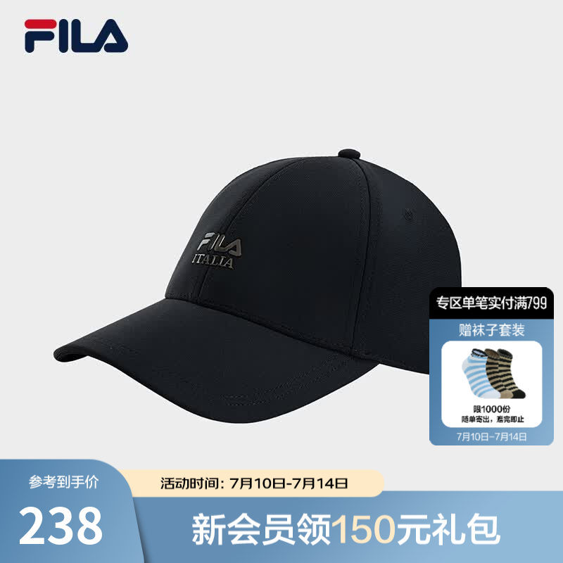 FILA 斐乐官方男新款棒球帽休闲通勤帽子时尚运动帽遮阳帽鸭舌帽 正黑色-BK