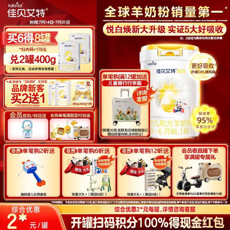 佳贝艾特（Kabrita）悦白婴儿配方羊奶粉 1段(0-6个月)800克 天然A2蛋白