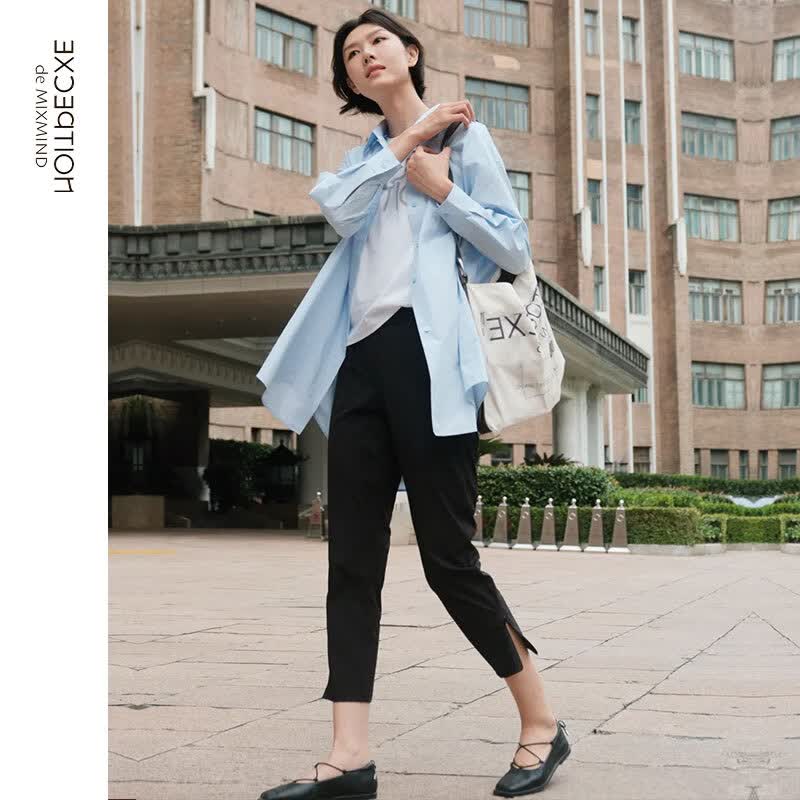 例外(EXCEPTION)女装新款简约百搭修身亲肤卡普里裤女 黑色 L