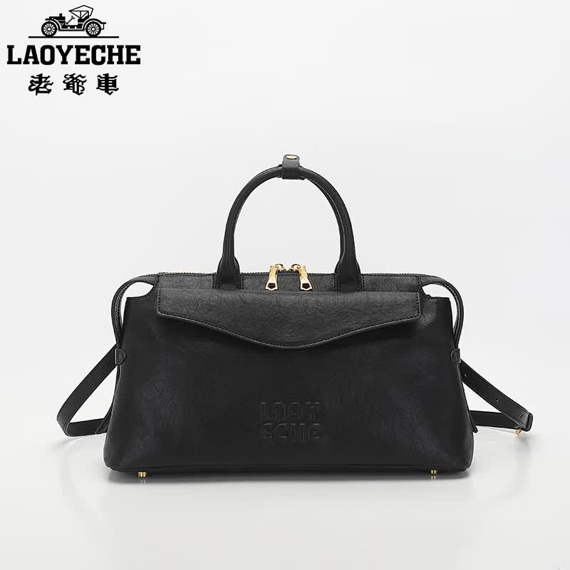 老爷车(LAOYECHE)2026新款真皮女包高级轻奢波士顿手提包大容量通勤时尚气质斜挎包 经典黑 限时送专柜礼盒礼袋