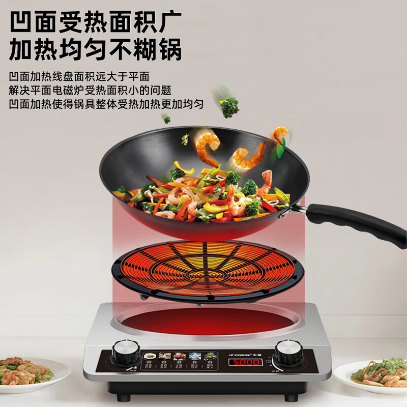 半球(PESKOE)凹面电磁炉家用5000W大功率爆炒2026新款多功能电炒锅一套带锅节能蒸煮煲汤定时一体全套凹面单机 5000W+不粘双锅+刀具【双风扇】