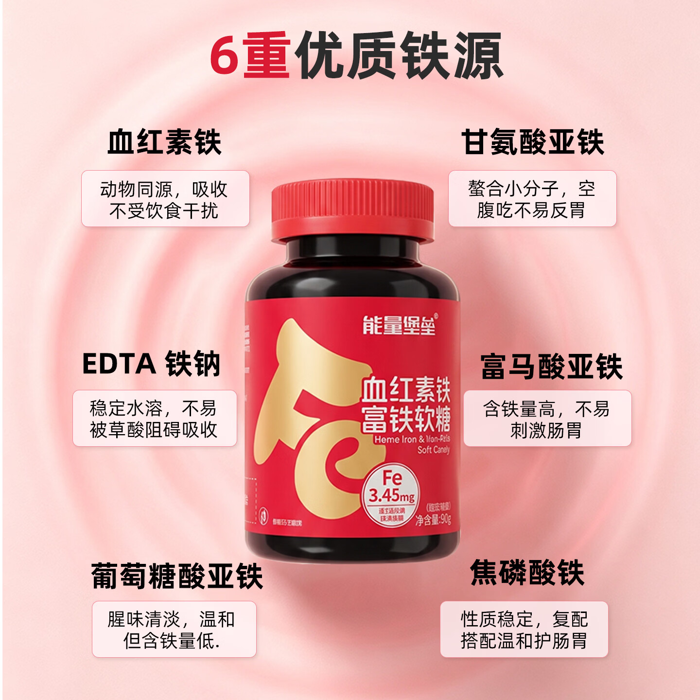 能量堡垒弥补血红素铁富铁软糖 维生素c女性儿童补铁哺乳姨妈期孕妇荔枝味 荔枝味富铁软糖 90g*1瓶 【1瓶装】