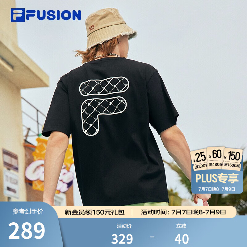 斐乐（FILA）FUSION潮牌情侣短袖T恤夏季宽松休闲印花男女装圆领纯棉上衣 深黑-BK M (170)