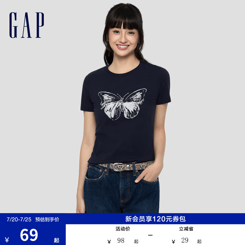 盖璞Gap女装2026春季新款纯棉字母蝴蝶logo圆领短袖T恤休闲上衣858906 海军蓝 M (165/88A) 亚洲尺码 版型偏大建议拍小一码