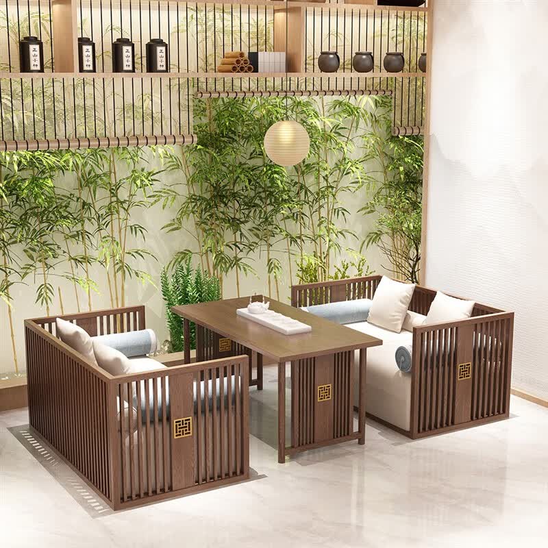 出写茶楼卡座沙发 新中式酒店餐厅会所包厢桌椅组合售楼部接待洽谈